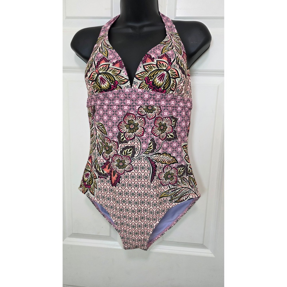 Prana One Piece Swimsuit Women's M Pink Floral Halter Neck Swimwear Festival